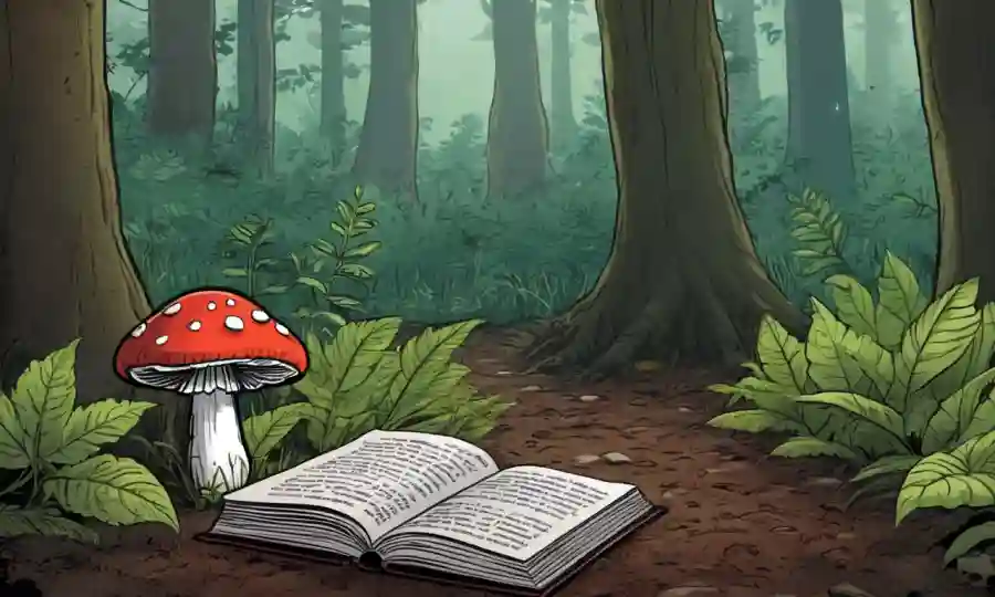 Un hongo crece junto a un libro guía en un suelo forestal, rodeado de follaje.