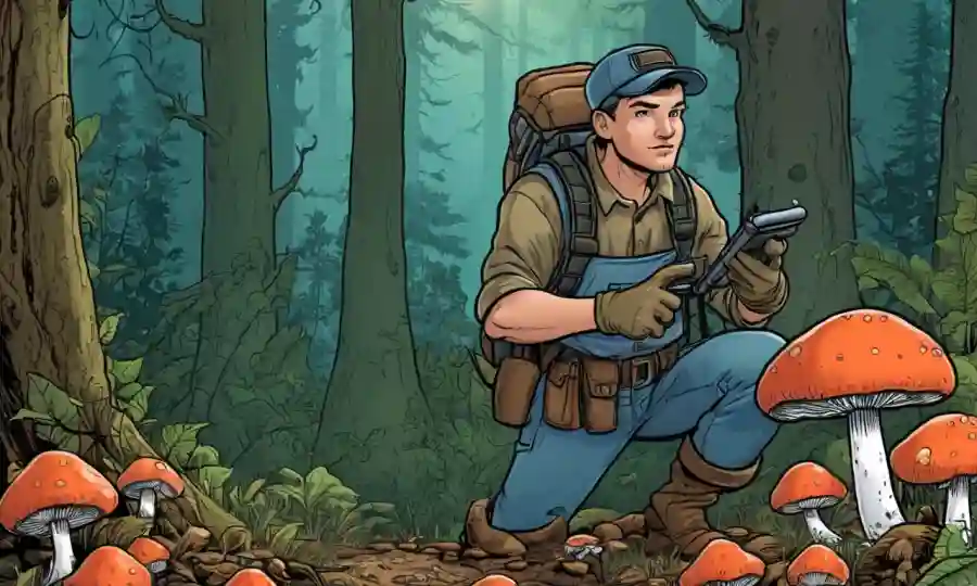 Un cazador de setas con guantes, coleccionando cuidadosamente hongos con un fondo de follaje forestal y superposición de texto.