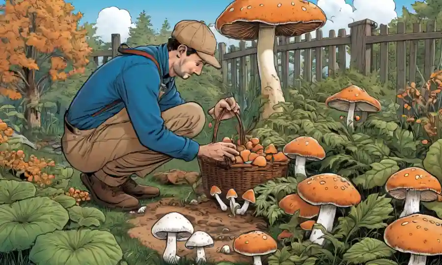 Aficionados a los hongos tendiendo a una cosecha de champiñones caseros en un acogedor jardín.