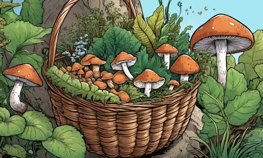 Una persona que sostiene una canasta de hongos recién cosechados, rodeado de vida vegetal casera.