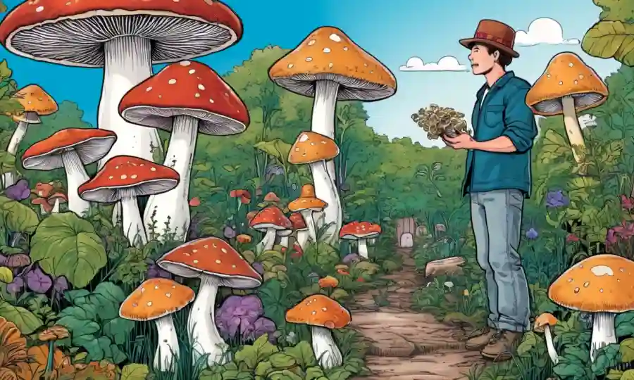 Una persona con una variedad de especies de hongos con fondo de jardín.