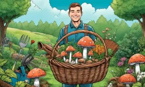 Una persona con una cesta de setas frescas rodeada de herramientas de jardinería y un exuberante entorno verde.