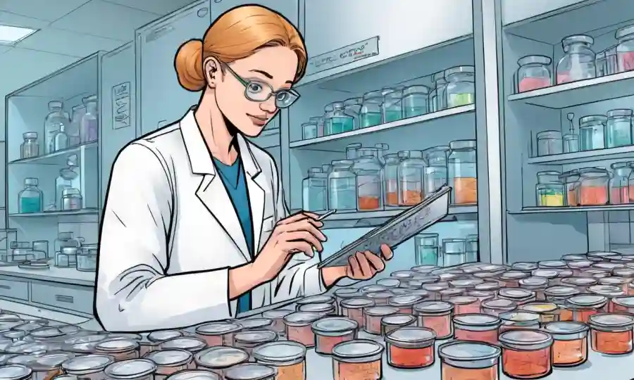 Técnico de laboratorio que examina microorganismos en platos petri con pasos notados cerca.
