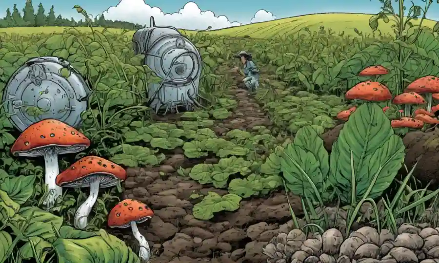 Crecimiento de plantas fúngicas junto con cultivos sin plagas y herramientas integradas de manejo de plagas.