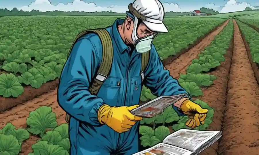 Un agricultor que usa equipo protector aplica productos químicos a cultivos fungosos mientras mira un manual.