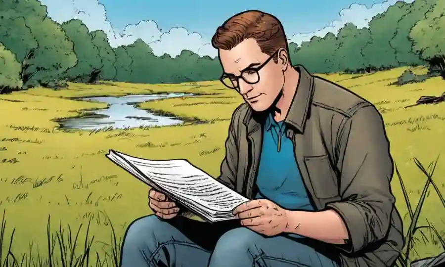 Una persona que revisa notas sobre una guía de campo mientras está al aire libre, rodeada de naturaleza.