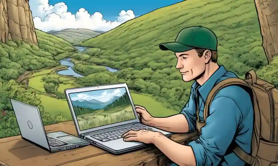 Una guía natural está escrita en un portátil rodeado de terreno exterior.