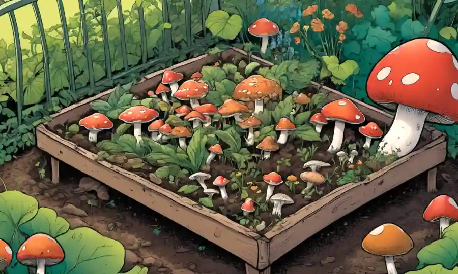 Una cama de jardín llena de hongos y residuos orgánicos, rodeada de una guía.