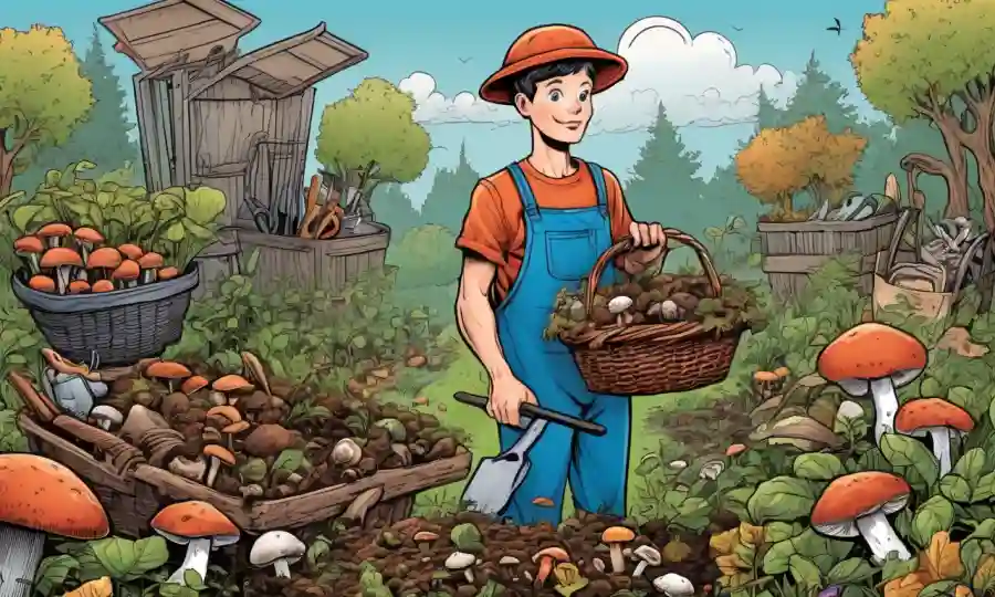 Una persona que sostiene una cesta de hongos rodeado de residuos orgánicos y herramientas de jardinería.
