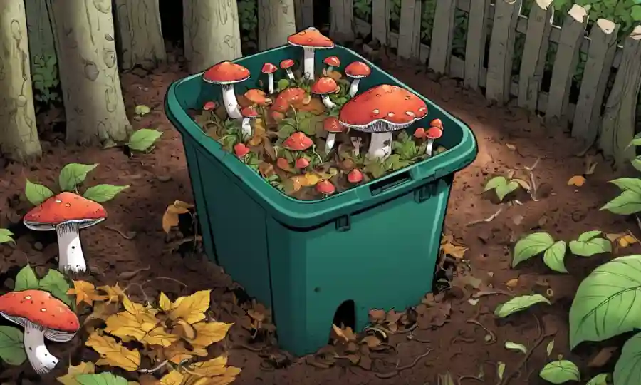 Setas que crecen en medio de focas de hoja y chatarras de cocina en un cubo de compost.