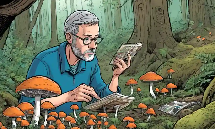 Una persona que examina muestras de hongos en un entorno forestal con ilustraciones de hábitat.