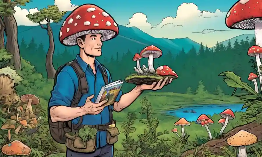 Un entusiasta de hongos que sostiene varias especies de hongos en un entorno natural.