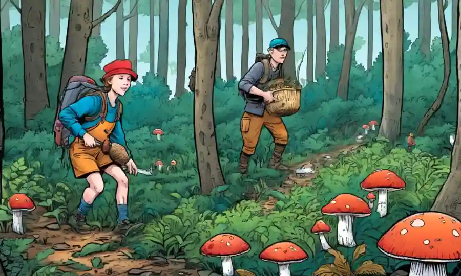 Gente en un bosque coleccionando hongos de manera sostenible.