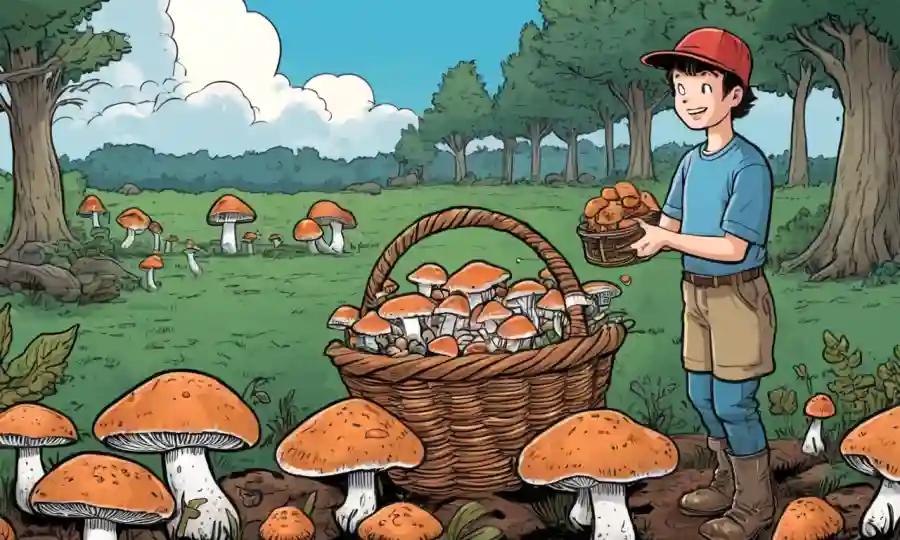 Una persona que sostiene una canasta de hongos frescos frente a una simple configuración casera de cultivo de hongos.