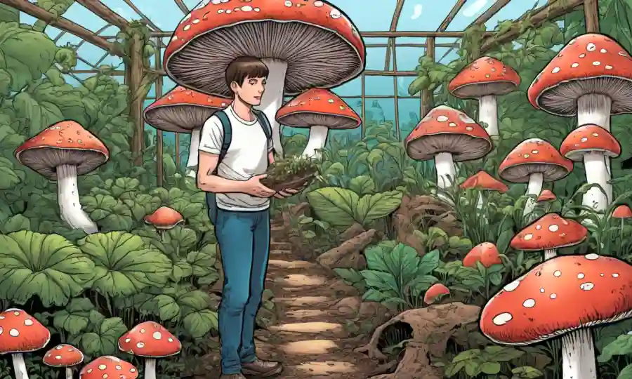 Una persona con hongos junto a un floreciente jardín de hongos interiores.