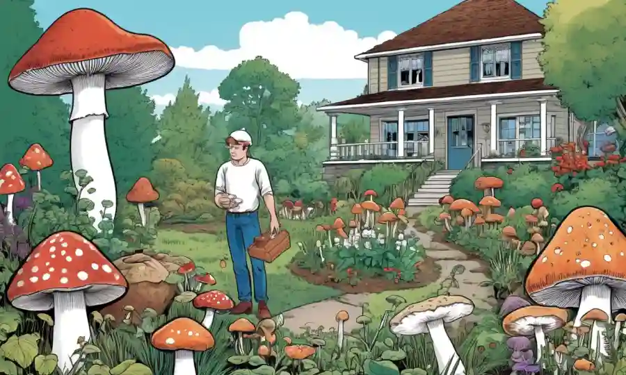 Una persona que tiene varios tipos de hongos en un jardín de casa, con instrucciones en el lado.