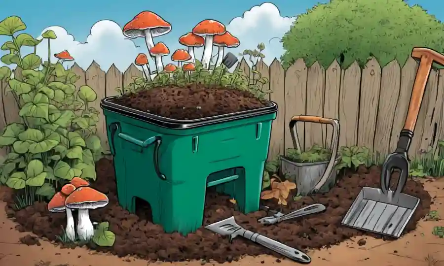 Imagen de hongos creciendo en un contenedor de compost DIY con herramientas de jardinería cercanas.
