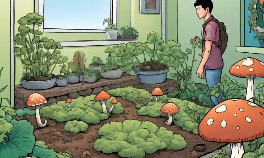 Una persona de pie cerca de un sustrato de cultivo de hongos en su casa con varias etapas de crecimiento mostradas.
