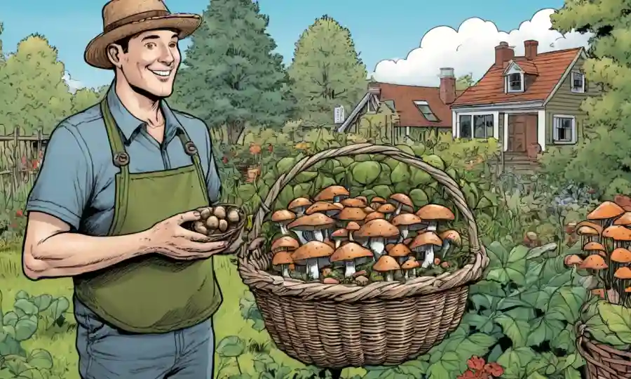 Una persona en un jardín sosteniendo orgullosamente una canasta de hongos recién cosechados con un toque de configuración casera.