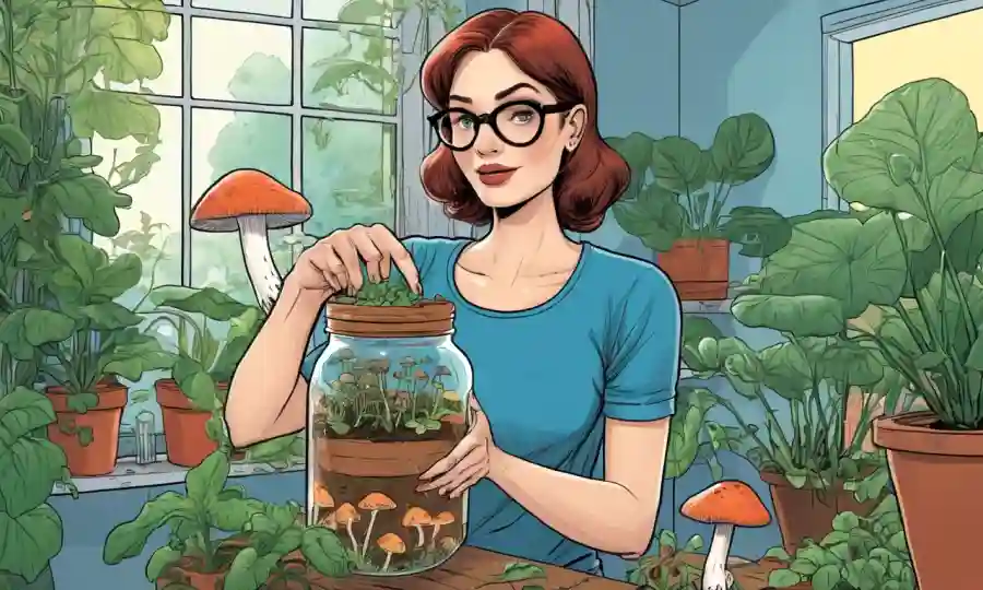 Mujer sosteniendo un frasco con hongos creciendo dentro
