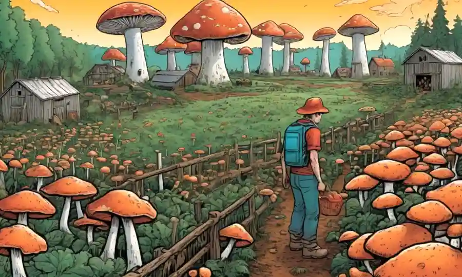 Persona que tiende a la granja de hongos en varias etapas de crecimiento fúngico.
