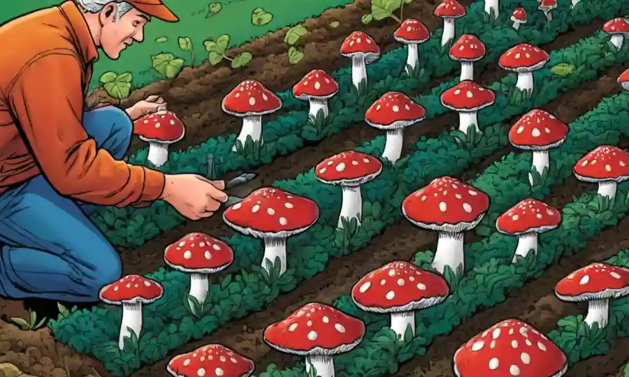 El agricultor esparce cuidadosamente las capas de hongo en una cama de cultivo.