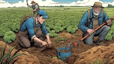 Los agricultores que examinan el crecimiento fúngico del suelo con herramientas agrícolas cercanas.