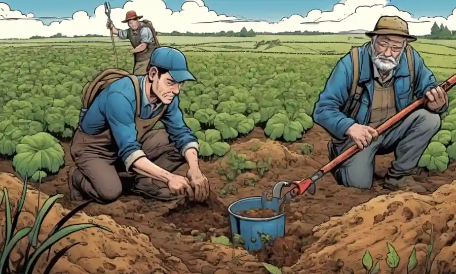 Los agricultores que examinan el crecimiento fúngico del suelo con herramientas agrícolas cercanas.