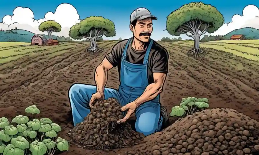 Un trabajador de granja que sostiene una muestra de suelo con diferentes tipos de hongos micorricenicos.