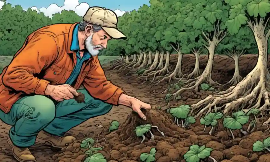 Agricultor examinando raíces con diversos hongos en suelo.