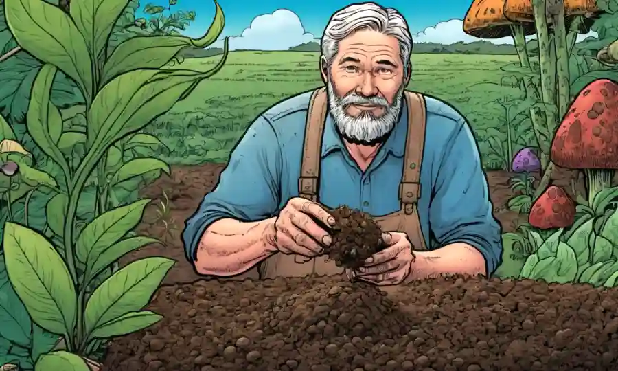 Farmer holding muestra de suelo junto a una planta vibrante
