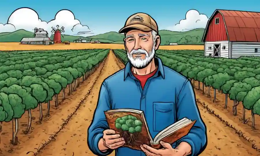 El agricultor tiene un libro sobre sistemas de micorriza con antecedentes agrícolas.