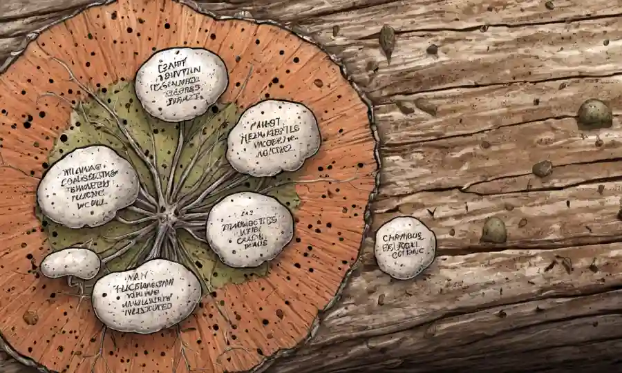 Ilustración científica de esporas (con etiquetas) en corteza de árboles en medio de un fondo de terreno climatizado, que simboliza la resiliencia.