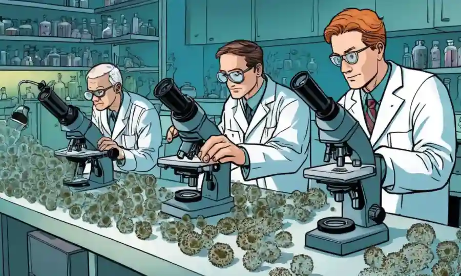 Científicos que examinan esporas fúngicas bajo microscopios en un laboratorio estéril.