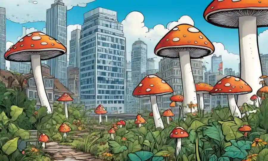 Paisaje urbano con hongos creciendo en hábitats naturales vibrantes.