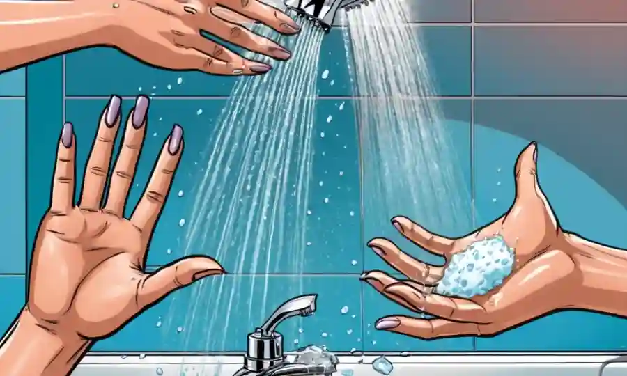 Manos lavando y aplicando humectante con fondo de ducha.