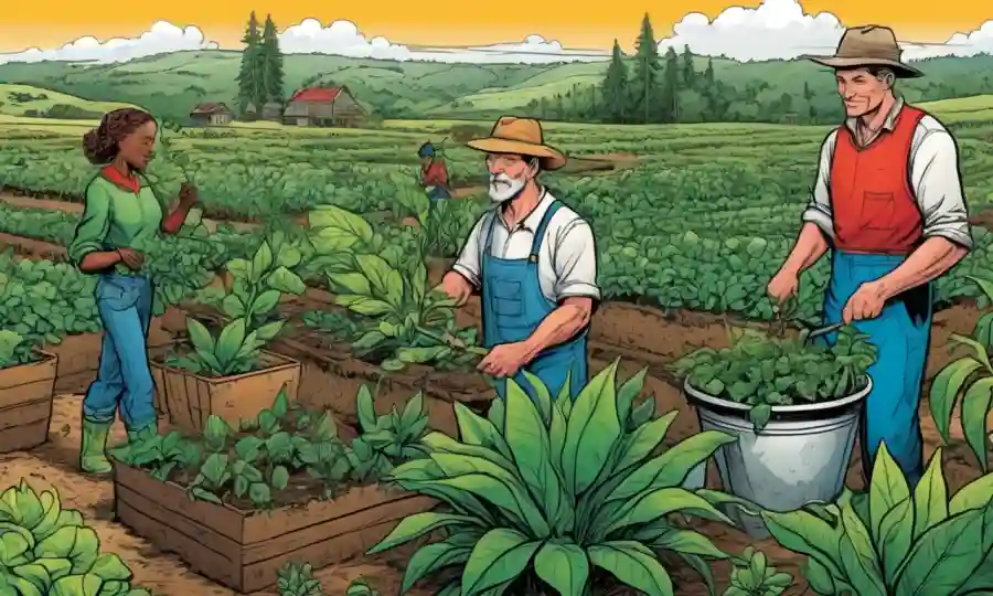 Personas que trabajan junto con plantas en un entorno agrícola sostenible.