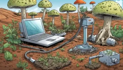 Ilustraciones científicas de varias especies fúngicas que crecen en el suelo alrededor del equipo de investigación.