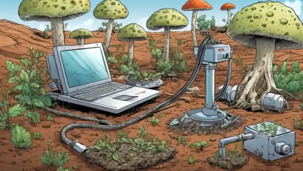 Ilustraciones científicas de varias especies fúngicas que crecen en el suelo alrededor del equipo de investigación.
