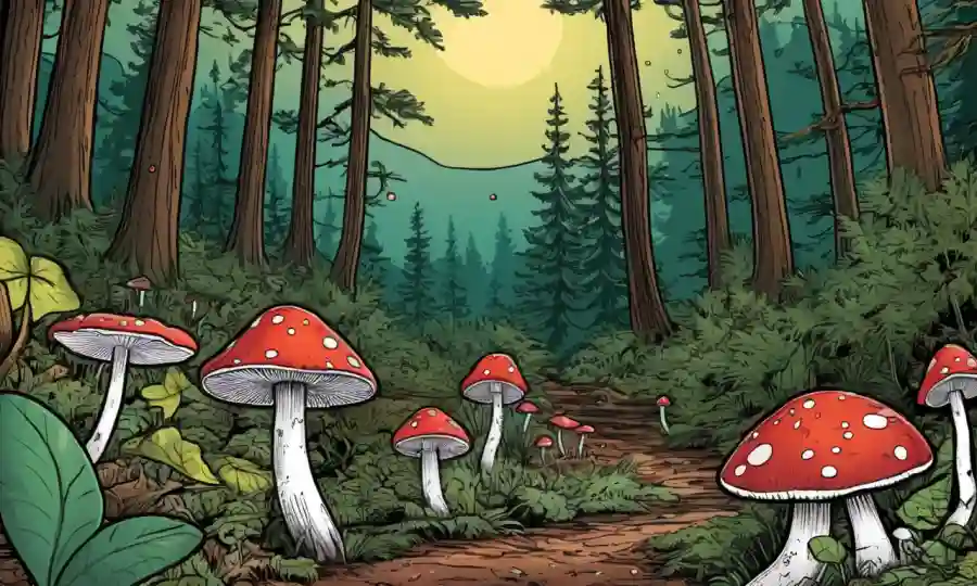 Muestra de setas junto a una imagen de fondo del suelo forestal y los diagramas científicos.