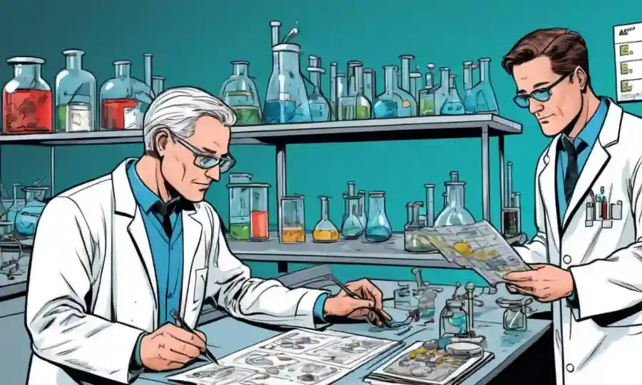 Investigadores científicos que examinan especímenes en el entorno de laboratorio con diagramas y gráficos.