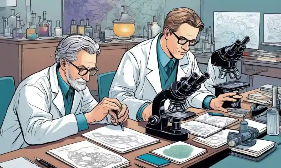 Investigadores científicos que examinan especímenes bajo microscopios y notan resultados en cuadernos.