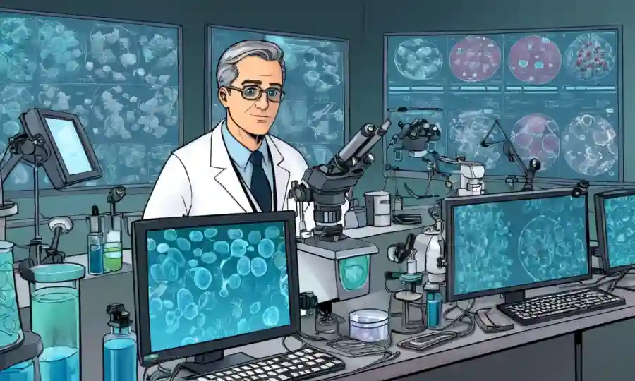 Un científico que estudia datos genéticos en una pantalla de computadora, rodeado de microscopios y platos petri.