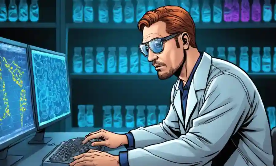 Microbiólogo analizando secuencias de ADN en una pantalla de computadora.