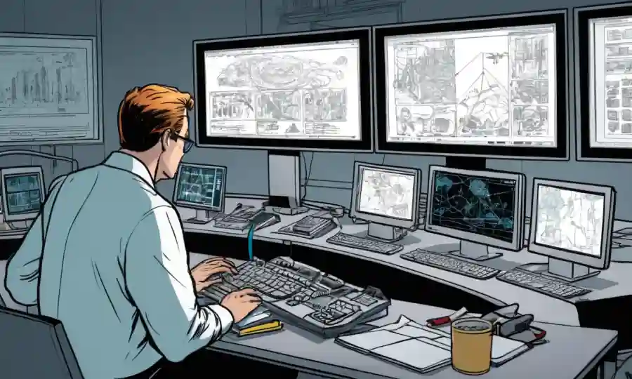 Un investigador analizando secuencias en una pantalla de computadora con varias herramientas y diagramas.