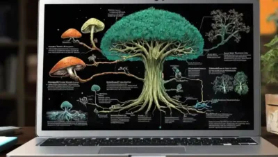 Diagramas de árboles fúngicos generados en la computadora portátil en medio de herramientas bioinformáticas.