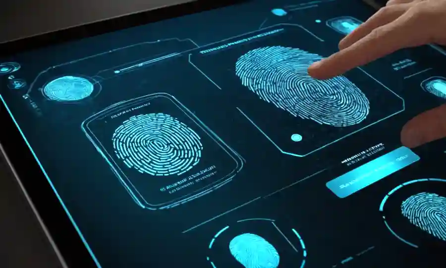 Un dispositivo de escaneo de huellas digitales futuristas junto con varios ejemplos biométricos de identificación en una pantalla.