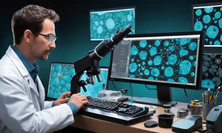 Científico utilizando herramientas digitales en un ordenador para analizar esporas fúngicas con imágenes de microscopio en el fondo.
