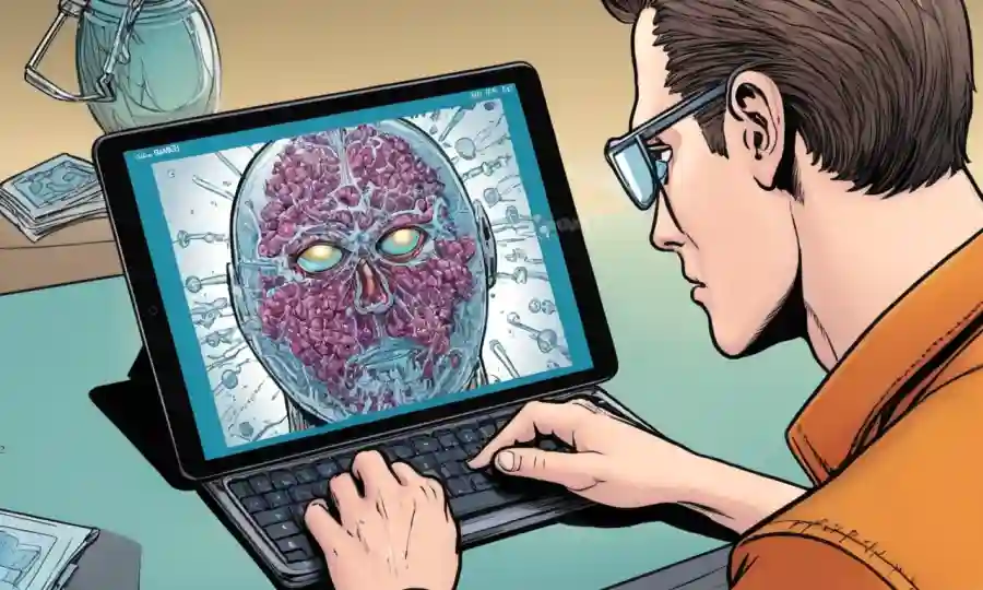 Una persona que observa imágenes digitales microscópicas en una tableta o pantalla de computadora.