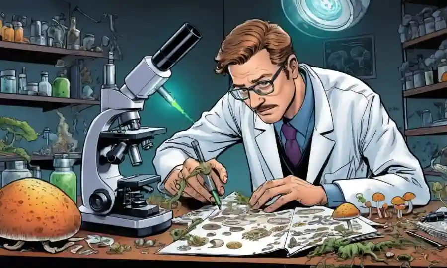 Científico examinando hongos bajo microscopio en medio de equipos y notas.